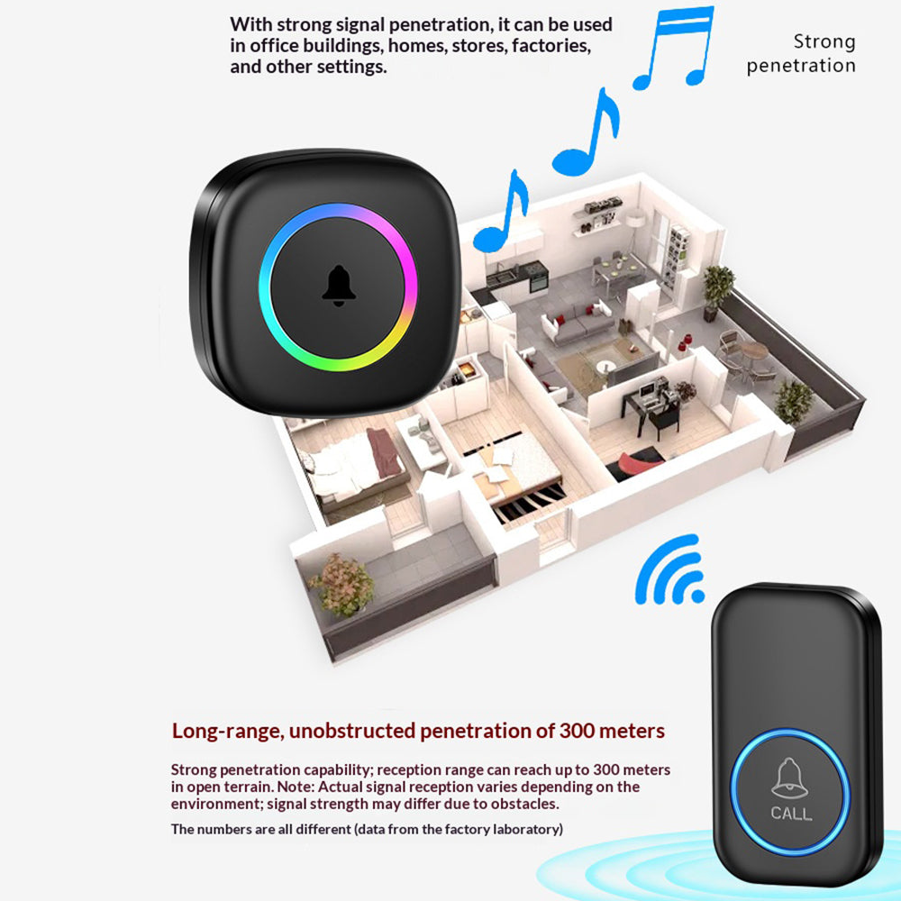 A6 Wireless Doorbell Kit 300m Range Colorful LED 60 Melodies No Wiring, 2 Transmitters + 1 Receiver