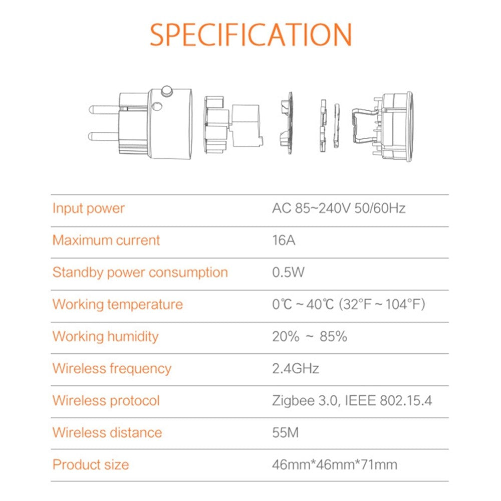 NEO NAS-WR01B Tuya ZigBee Smart Socket 16A 2.4GHz Smart Plug with Power Metering Support Smartphone Remote Control (EU Plug)
