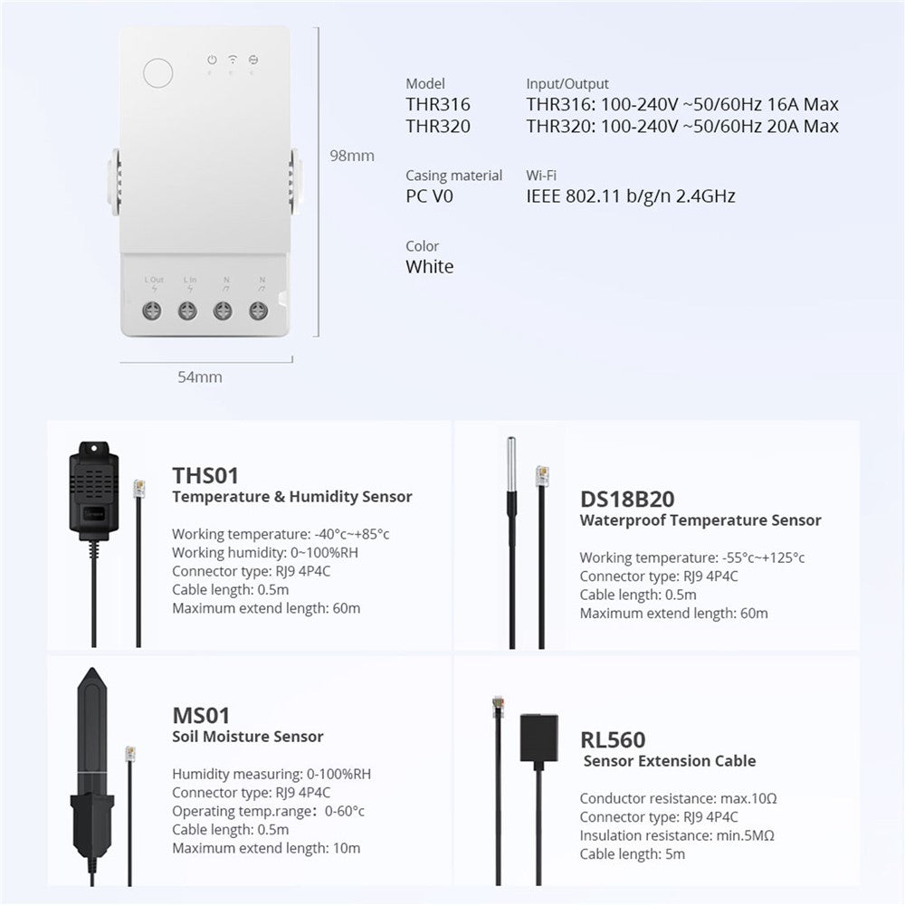 SONOFF TH Origin THR320 20A Max Smart Temperature and Humidity Monitoring Switch Temperature Humidity Sensor for Home, Swimming Pool, Greenhouse