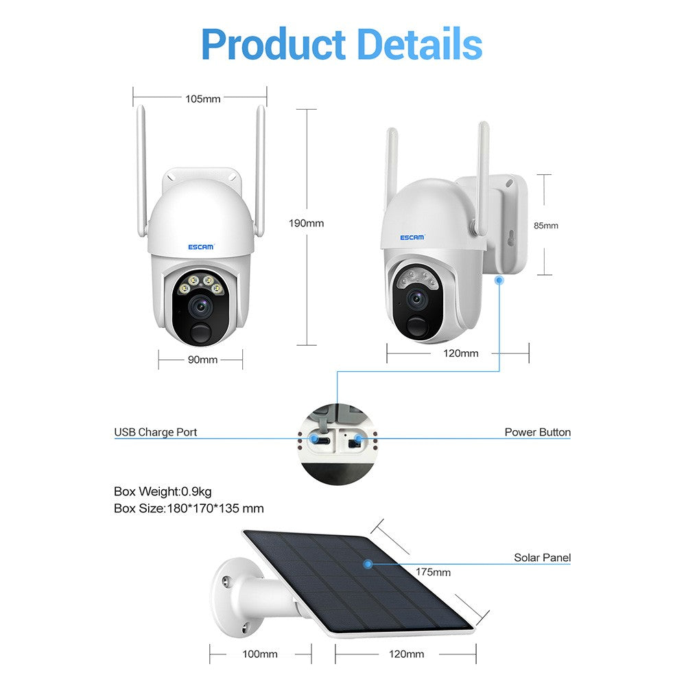 ESCAM QF103 3MP Cloud Storage PT WiFi PIR Alarm IP Camera + Solar Panel Full Color Night Vision Camera Security Monitor Camera Support Two Way Audio