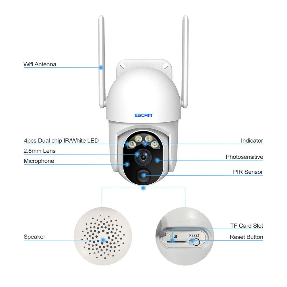 ESCAM QF103 3MP Cloud Storage PT WiFi PIR Alarm IP Camera + Solar Panel Full Color Night Vision Camera Security Monitor Camera Support Two Way Audio