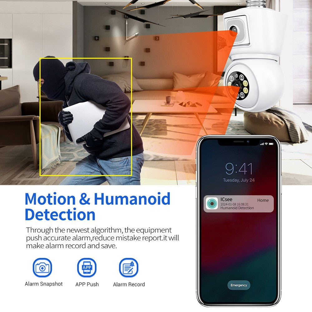 ESCAM QF202 E27 2x2MP Dual Lens Dual Screen Security Camera Two-Way Voice Motion Detection WiFi Camera