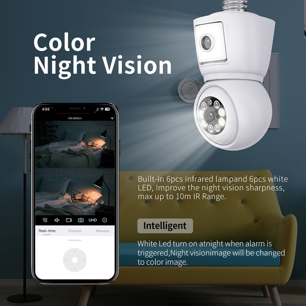 ESCAM QF202 E27 2x2MP Dual Lens Dual Screen Security Camera Two-Way Voice Motion Detection WiFi Camera