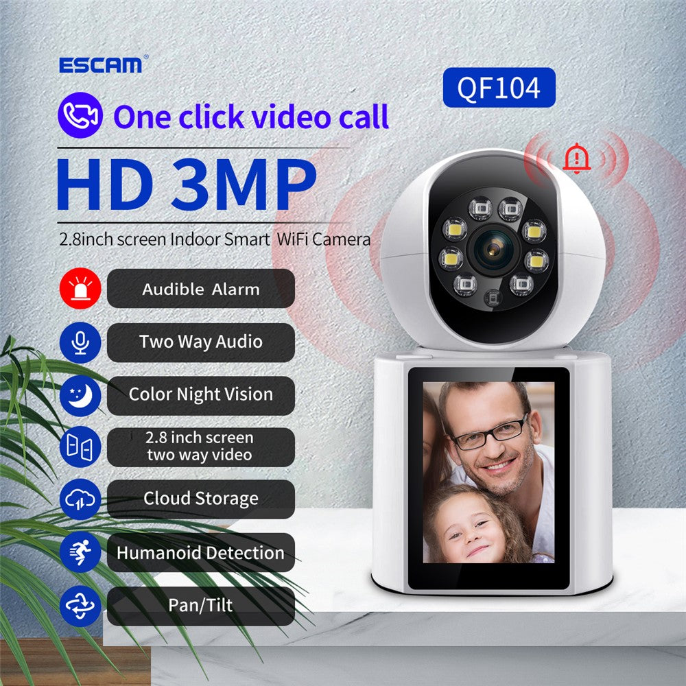ESCAM QF104 WiFi-säkerhetskamera för videosamtal 3MP Babyvakt för husdjur Rörelsedetekteringsinspelare
