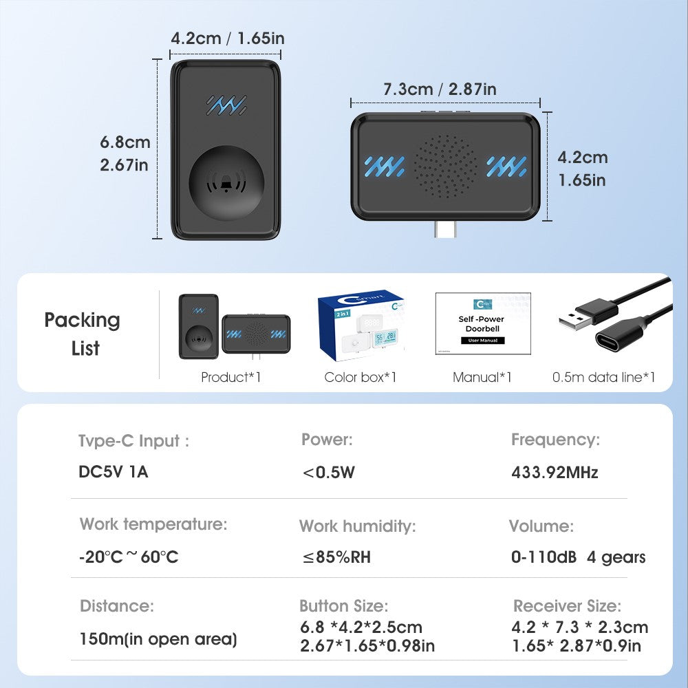 Smart Wireless Doorbell 4-Gear Volume Waterproof Home Door Bell, 2 Receiver + 2 Buttons (CE is applying)