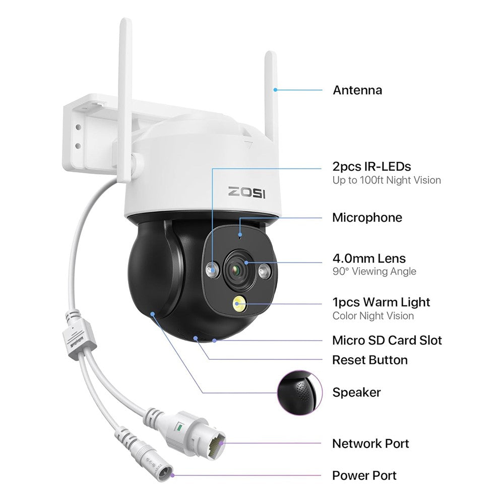 ZOSI C290SE 2MP Two-Way Audio PTZ Camera Night Vision Smart Security Camera