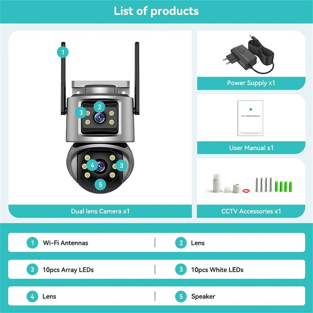 Outdoor WiFi Security Camera Waterproof HD Night Vision Dual Lens PTZ IP Cam with 32G Memory Card