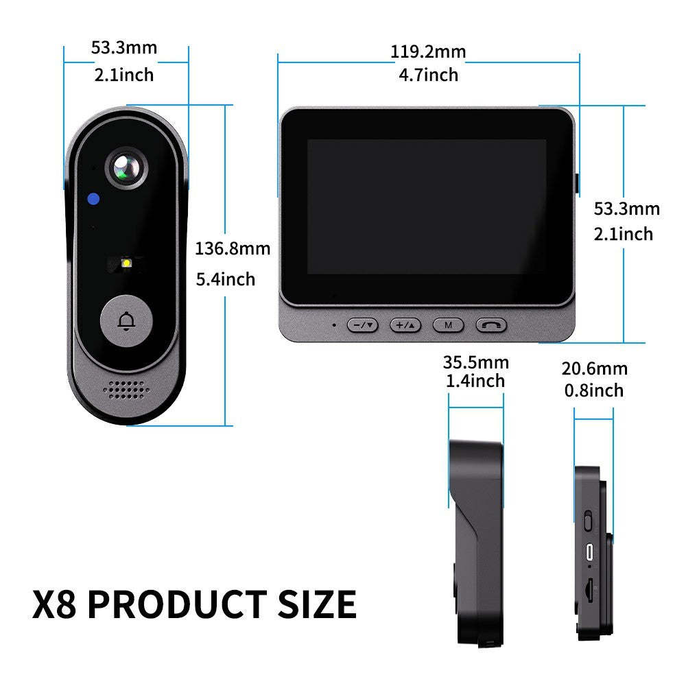 X8 Waterproof Video Doorbell 4.3 inch Indoor Screen Wireless Home Security Intercom HD Camera Two-Way Audio