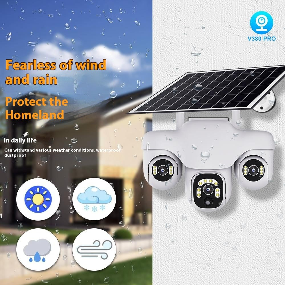 VTS31 V380 Outdoor Security Low Power Solar Powered PTZ Camera 3 Rotating Lens Motion Detection Camera