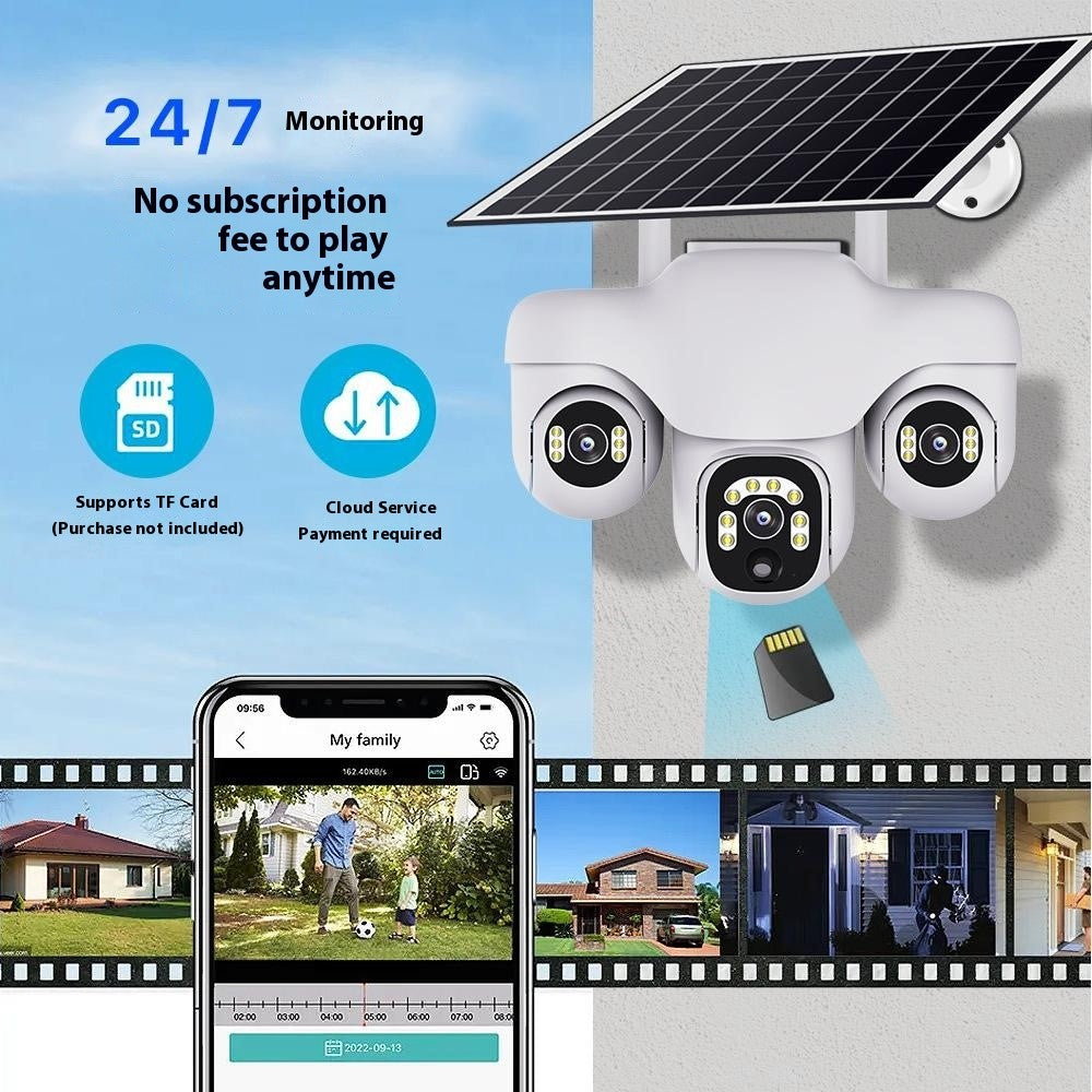 VTS31 V380 Outdoor Security Low Power Solar Powered PTZ Camera 3 Rotating Lens Motion Detection Camera