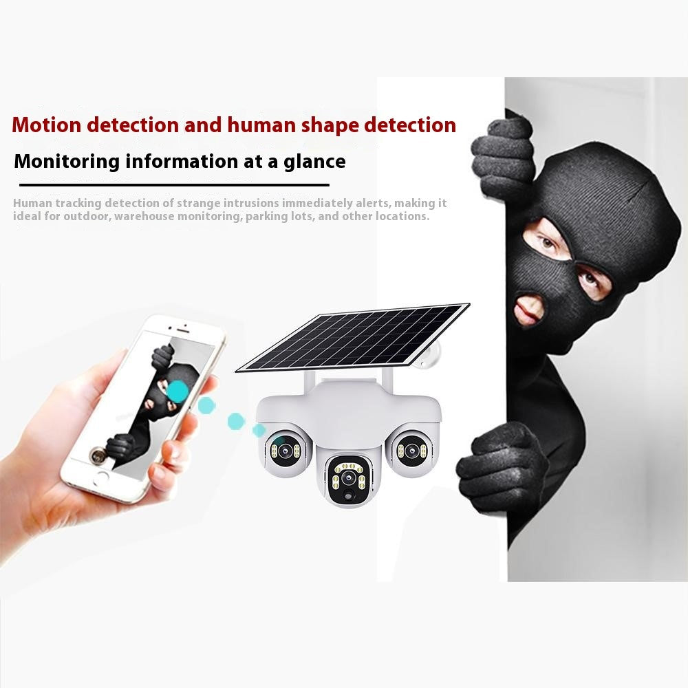 VTS31 V380 Outdoor Security Low Power Solar Powered PTZ Camera 3 Rotating Lens Motion Detection Camera