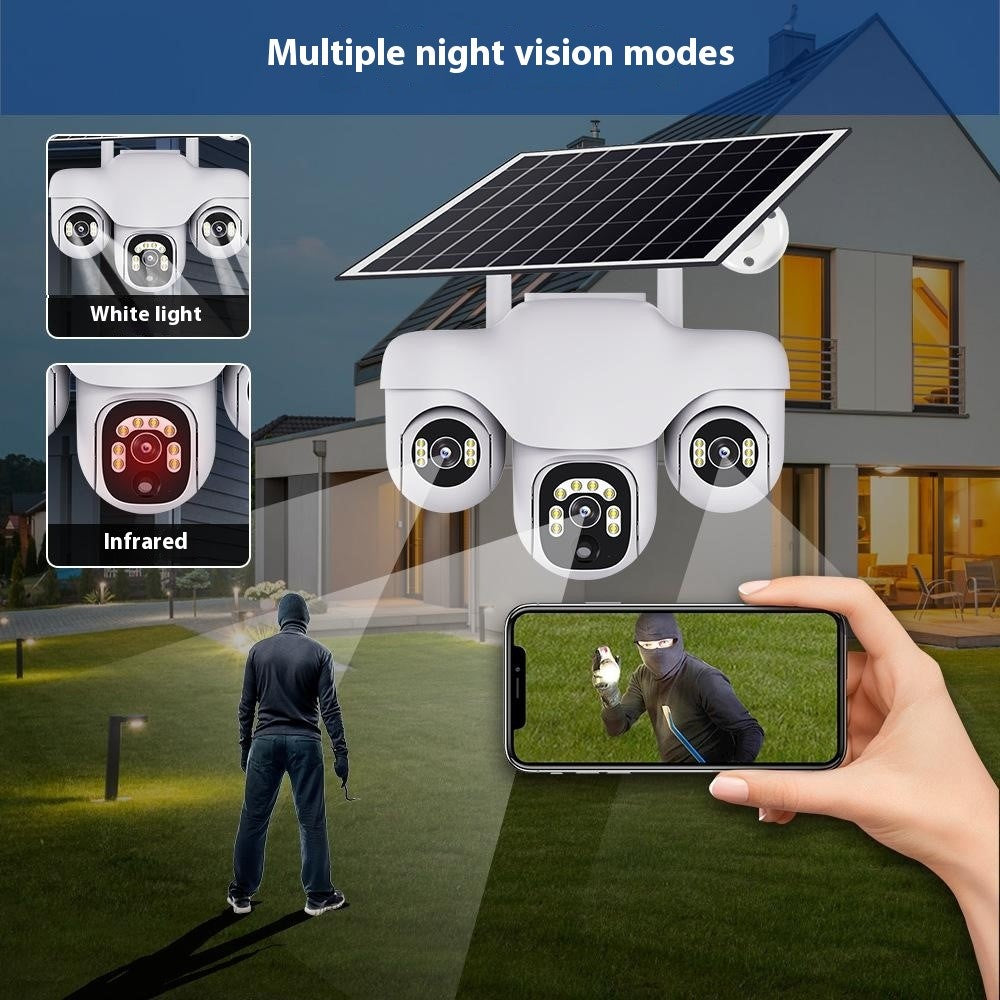 VTS31 V380 Outdoor Security Low Power Solar Powered PTZ Camera 3 Rotating Lens Motion Detection Camera