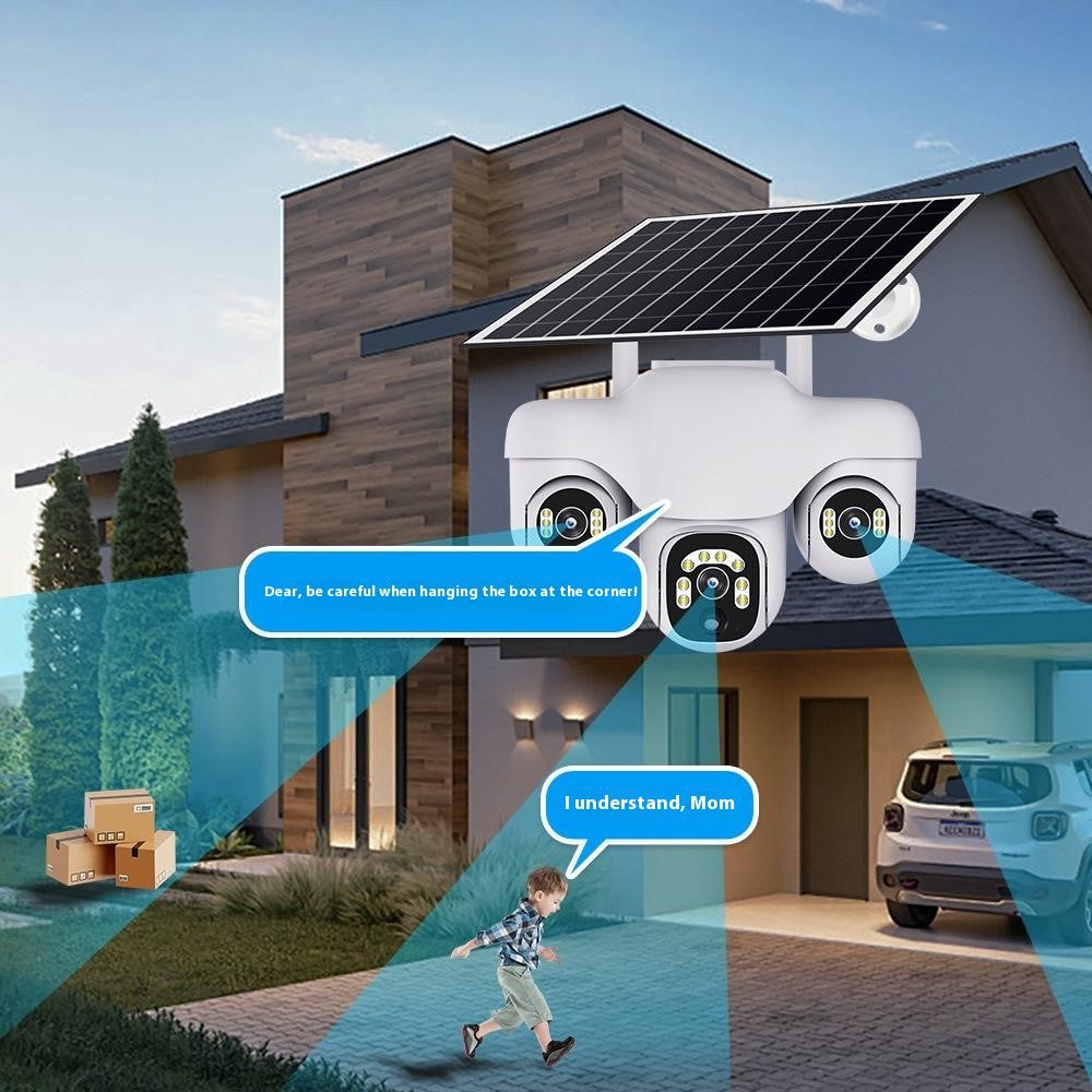 VTS31 V380 Outdoor Security Low Power Solar Powered PTZ Camera 3 Rotating Lens Motion Detection Camera
