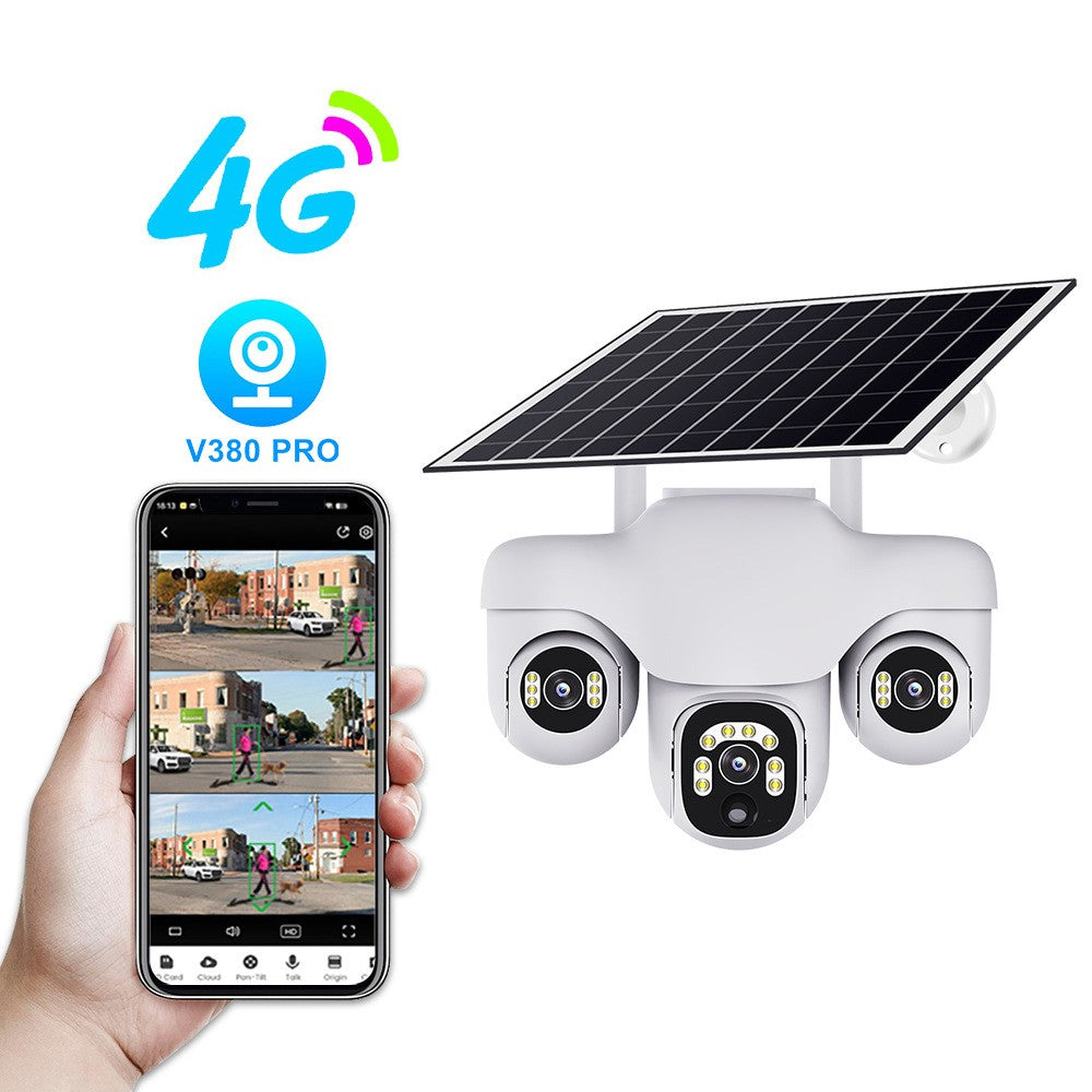 VTS31 V380 Outdoor Security Low Power Solar Powered PTZ Camera 3 Rotating Lens Motion Detection Camera