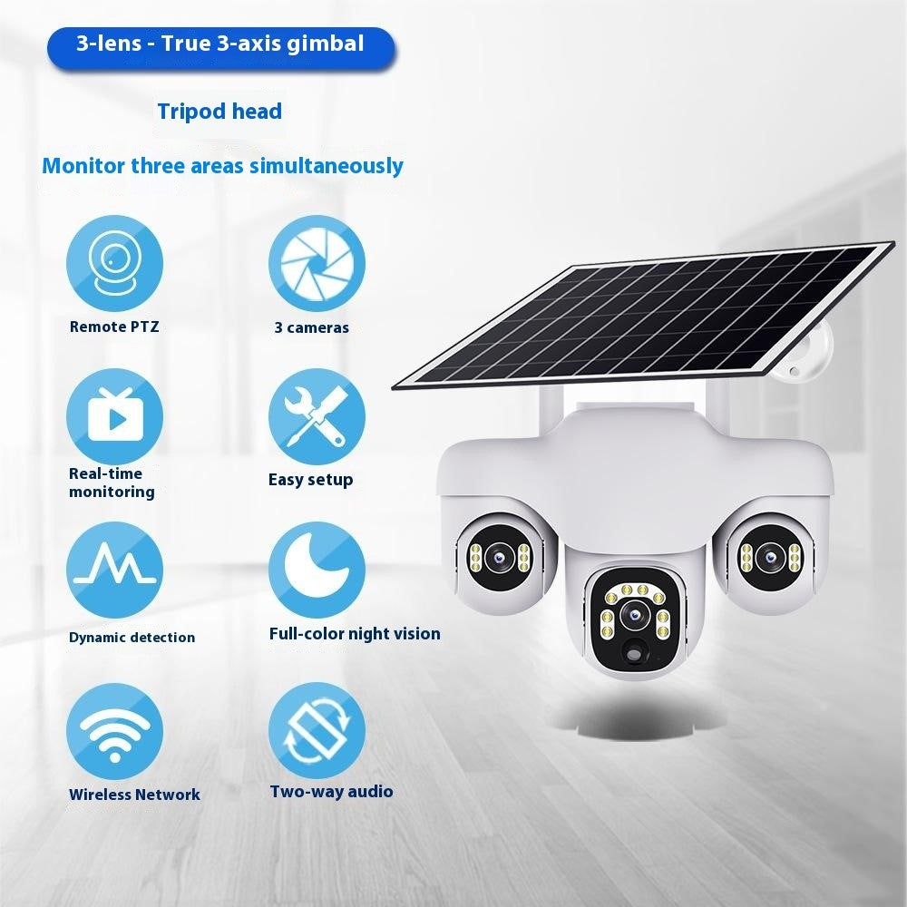 VTS31 V380 Outdoor Security Low Power Solar Powered PTZ Camera 3 Rotating Lens Motion Detection Camera