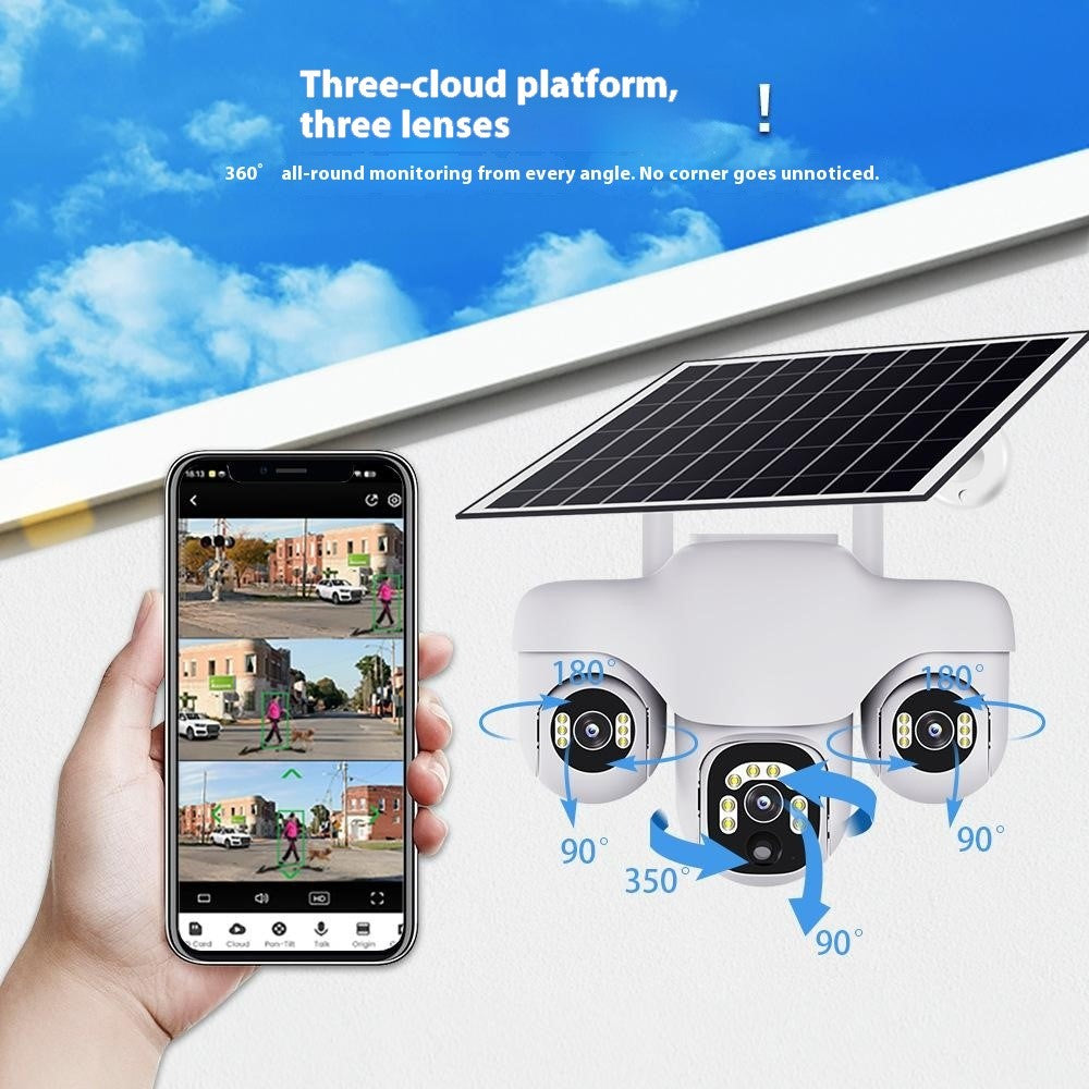 VTS31 V380 Outdoor Security Low Power Solar Powered PTZ Camera 3 Rotating Lens Motion Detection Camera