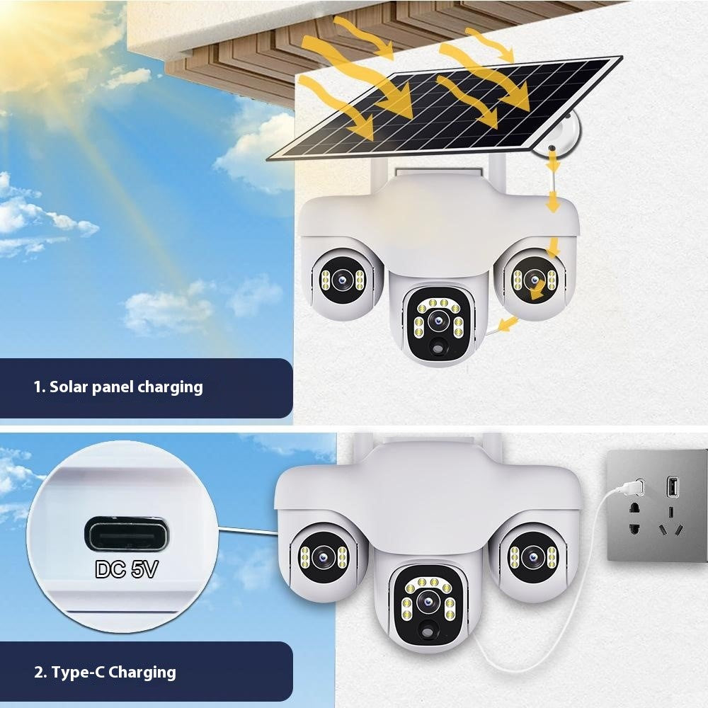 VTS31 V380 Outdoor Security Low Power Solar Powered PTZ Camera 3 Rotating Lens Motion Detection Camera