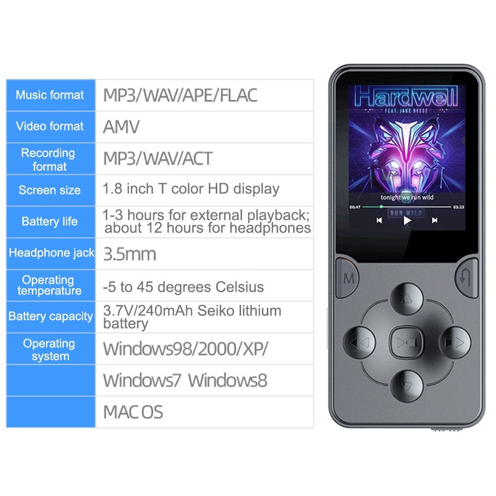 MROBO X-02 64GB 1.8-inch Screen Student Learning MP4 Player FM Radio Music Video Player with Sound Recording Function