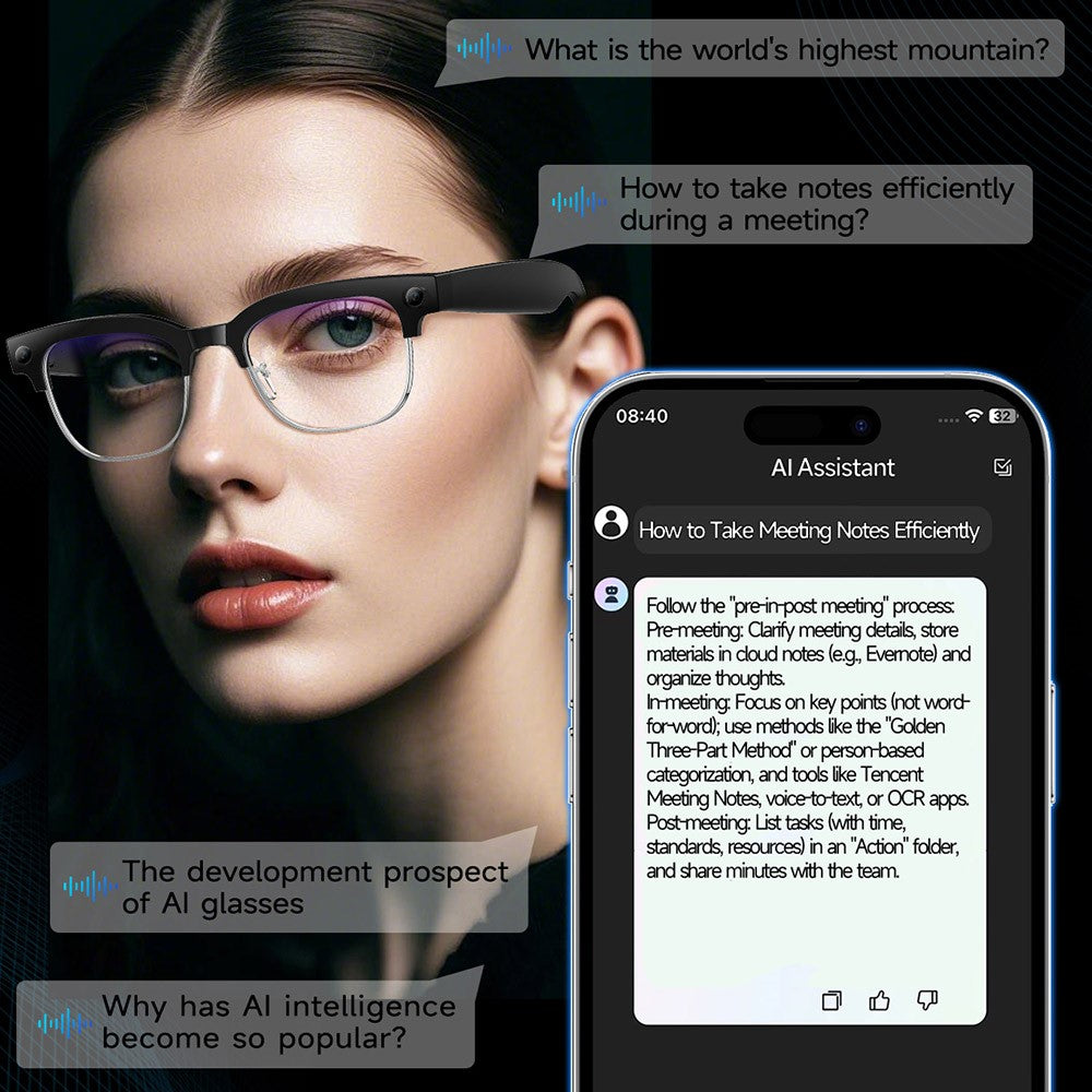 W630 AI Smart Video Recording Glasses for iPhone  /  Android Translation Waterproof Photo Capture Voice Activated