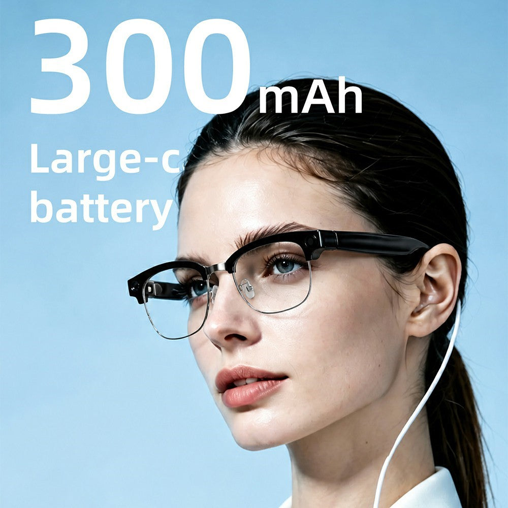E09B Smart Glasses 8MP Camera 8GB Storage Voice Assistant Metal Half Frame Anti-Blue Light Lens