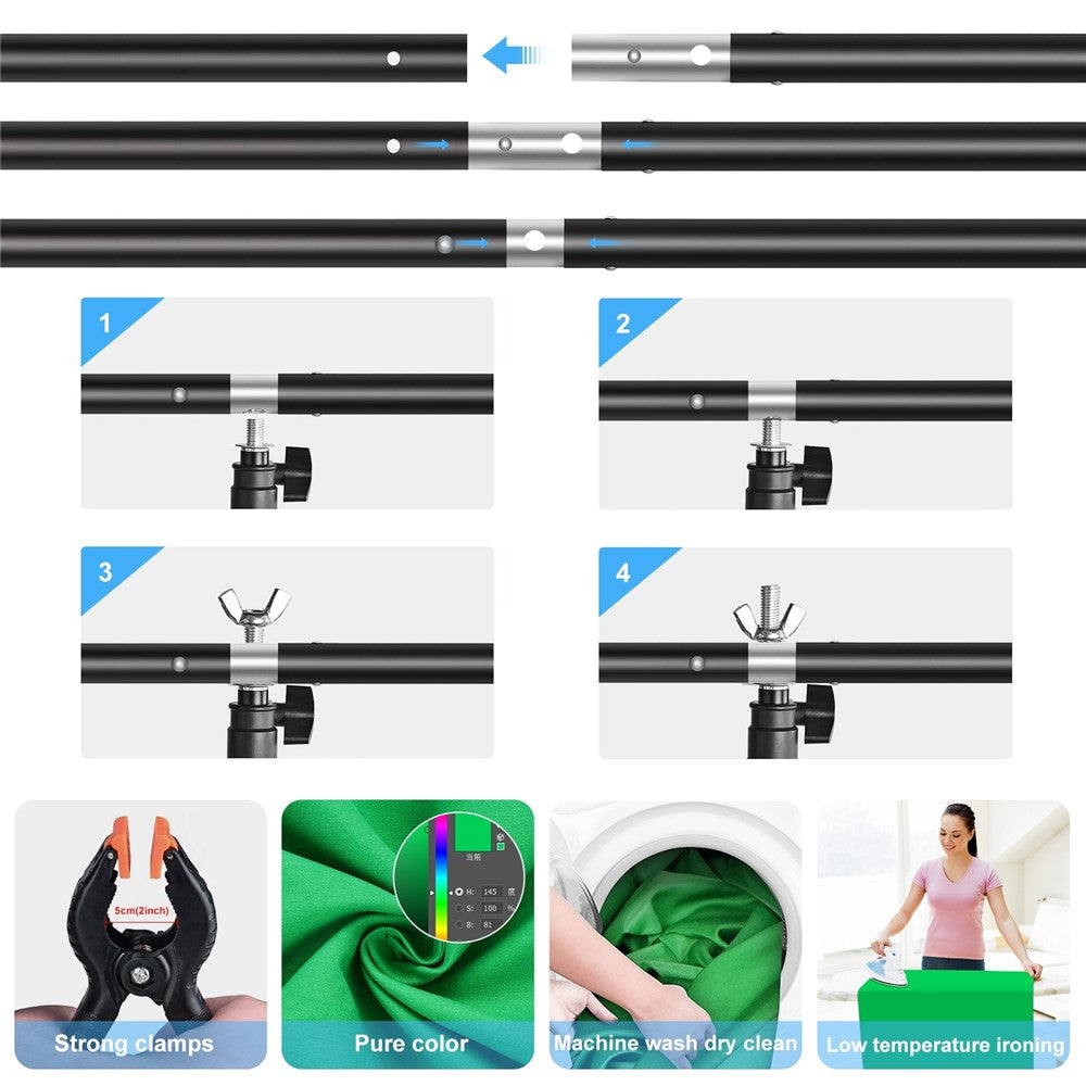 PULUZ PU5204G 1x2m 120g Fortykket Baggrund med T-formet Stativ og 3 Klemmer til Fotostudie Green Screen Chroma Key Fotobaggrund