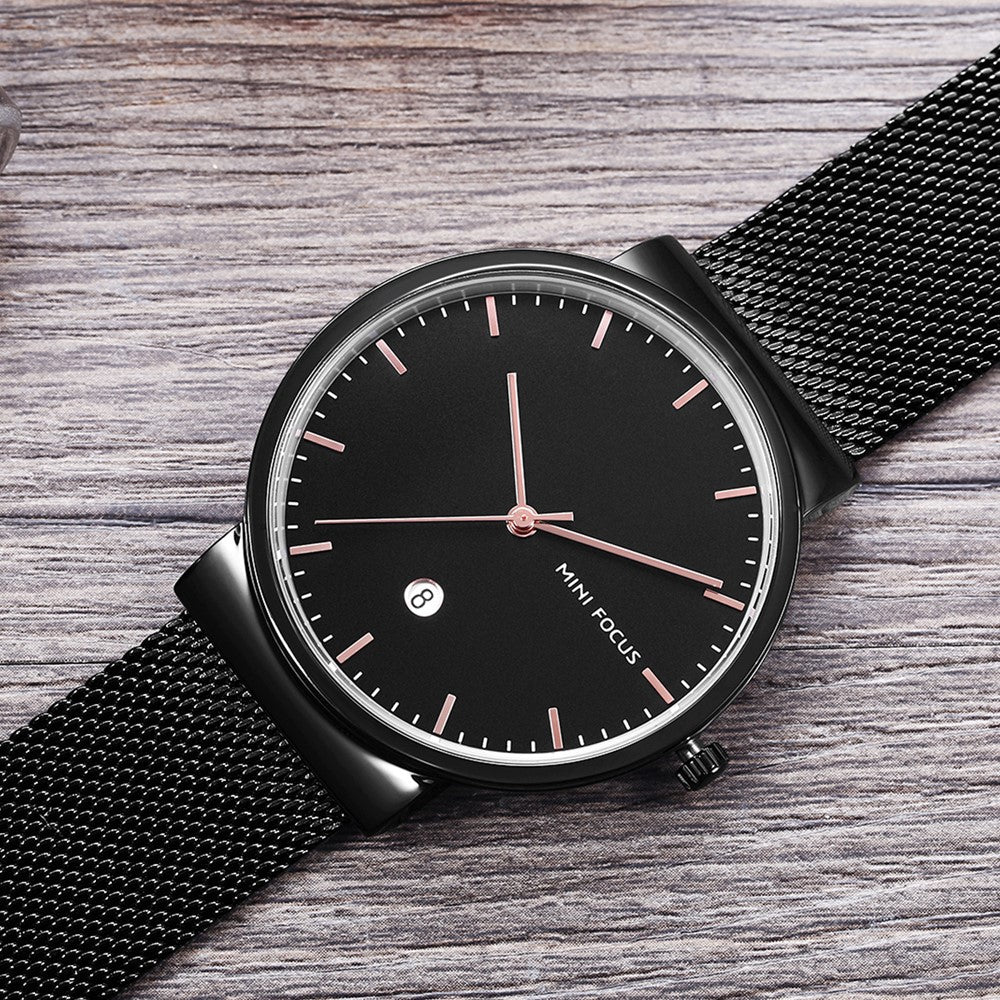 MINI FOCUS Herre Quartz Ur Kalender Vandtæt Åndbar Metalrem Herrearmbåndsur