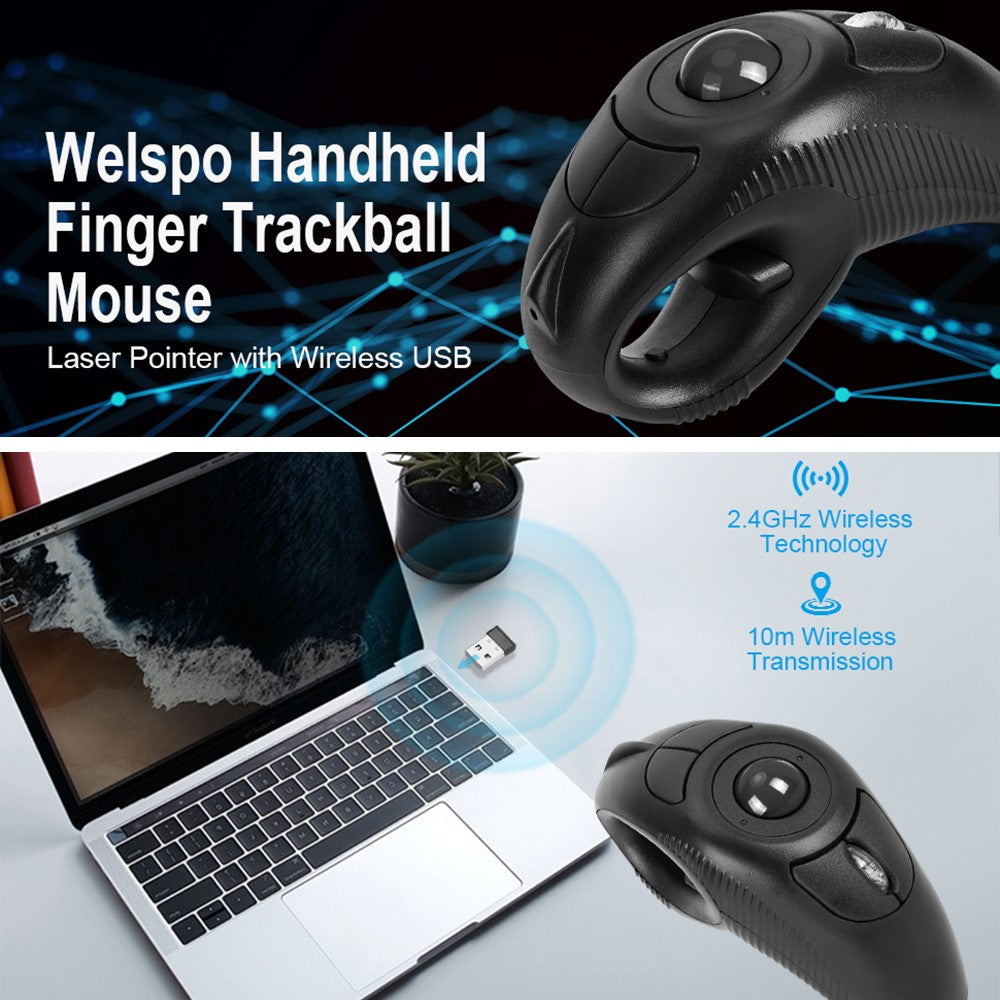 Y-10W Wireless USB Handheld Finger Trackball Mouse with Laser Pointer for Left / Right Hand (No Battery)