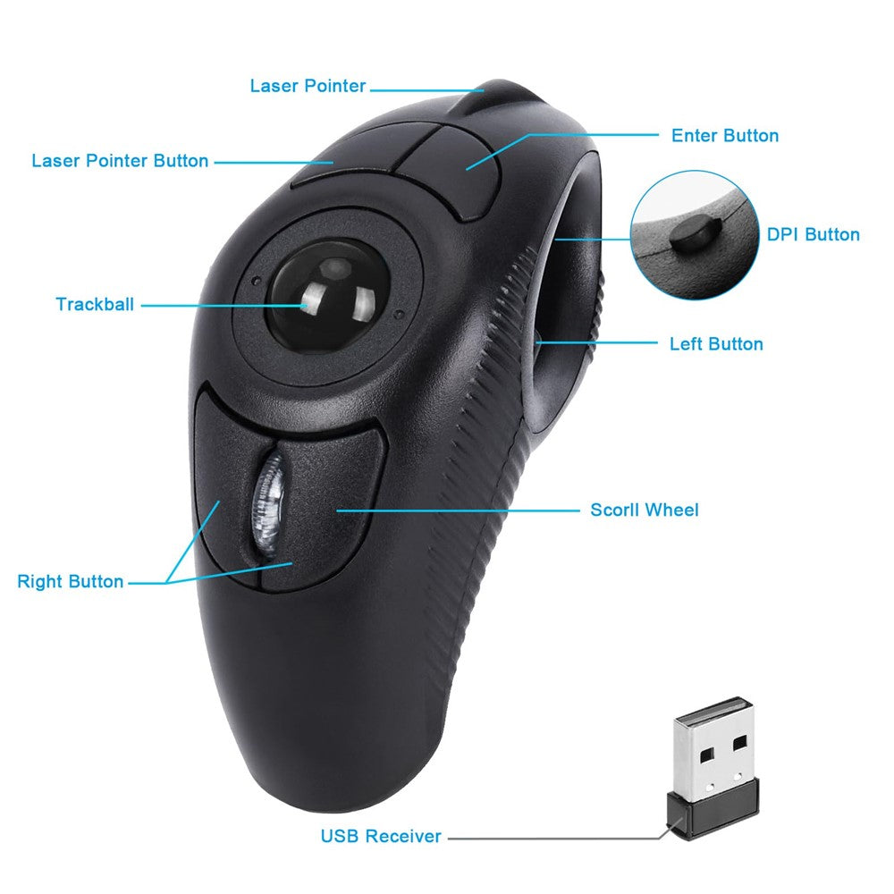 Y-10W Wireless USB Handheld Finger Trackball Mouse with Laser Pointer for Left / Right Hand (No Battery)