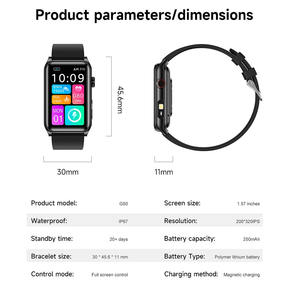 G50 smart aktivitetsarmband på 1,57 tum, Bluetooth-kompatibel, med samtals- och pulsmätare