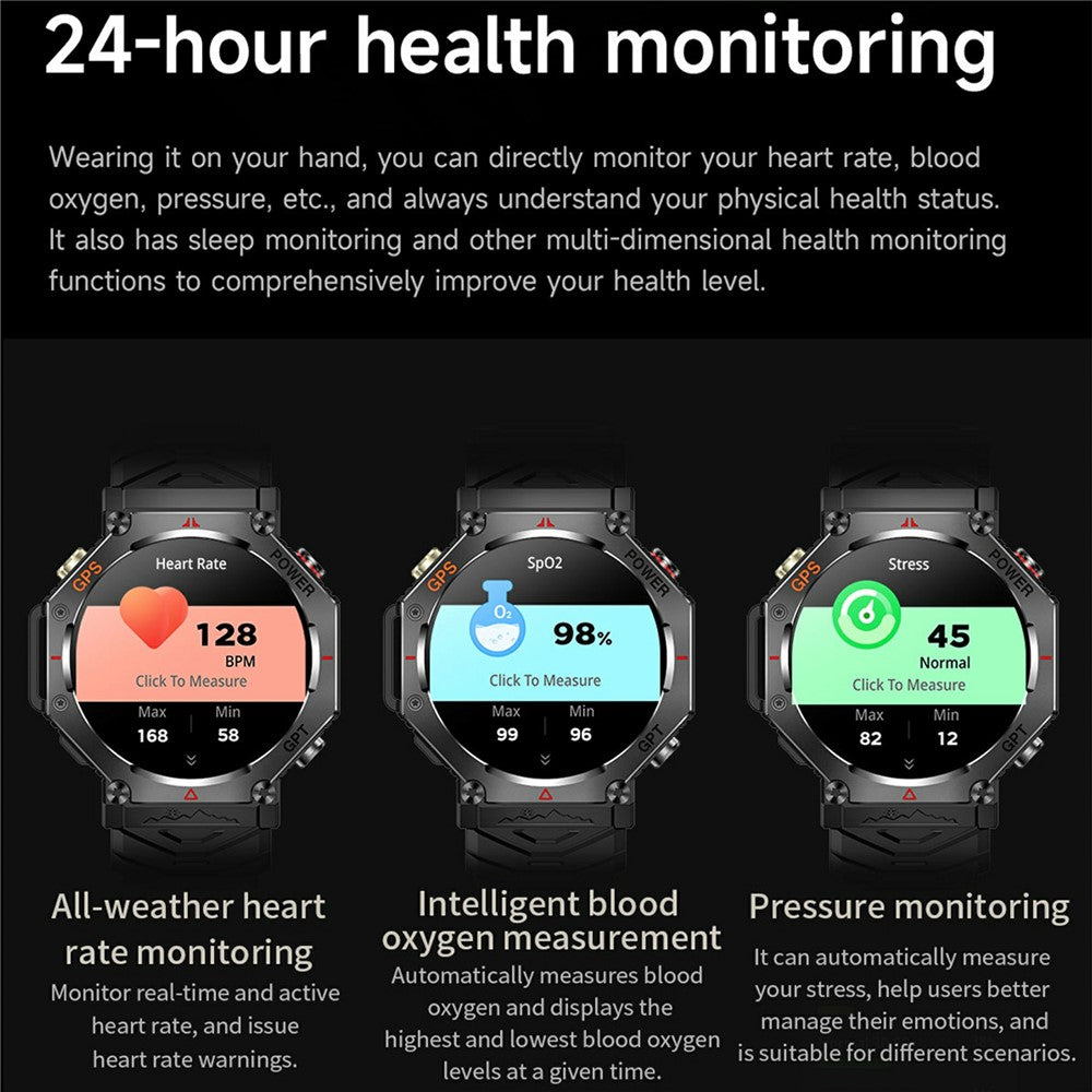 KC91 1,39 tums HD-skärm smartklocka för utomhusbruk inbyggd GPS sporttracker pulsmätare med höjdmätare/barometer/kompass