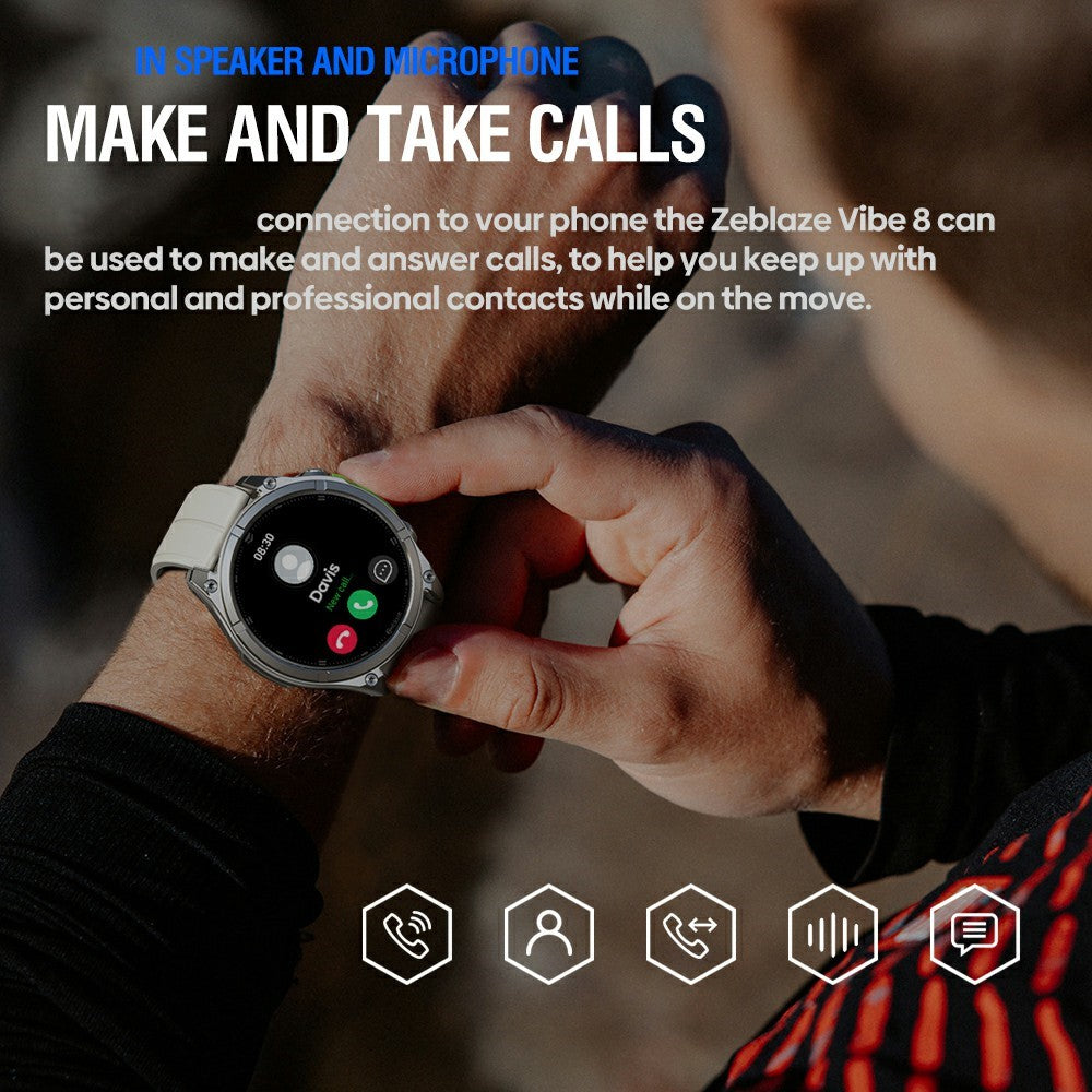 ZEBLAZE Vibe 8 smartklocka med 1,43-tumsskärm, hälsoövervakning, Bluetooth-kompatibla samtal och ficklampa för utomhussport