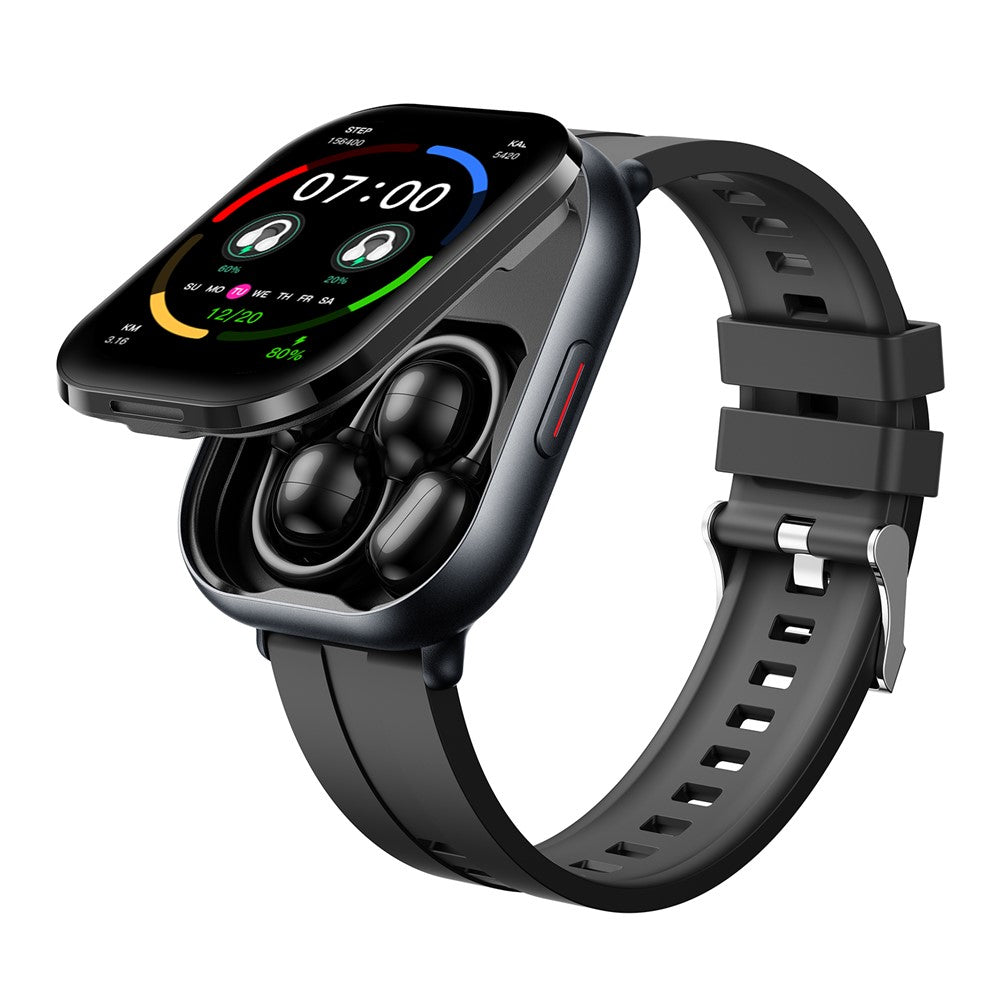 D12 2-i-1 Bluetooth-kompatible høretelefoner Smartur Sundhedsovervågning Fitness Tracker 2,01 tommer TFT-skærm Armbåndsur, Silikonerem