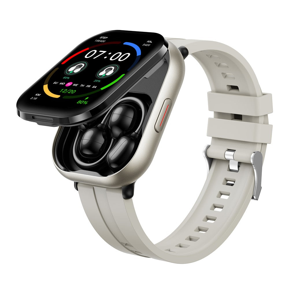 D12 2-i-1 Bluetooth-kompatible høretelefoner Smartur Sundhedsovervågning Fitness Tracker 2,01 tommer TFT-skærm Armbåndsur, Silikonerem