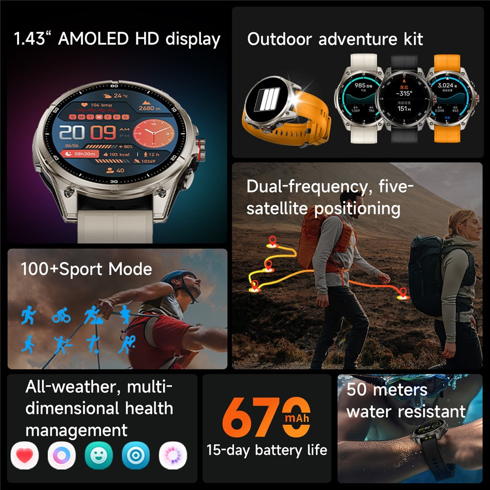 FT66 1,43 tums AMOLED-skärm smartklocka 5 ATM vattentät GPS-spårning hälsomonitor Bluetooth-kompatibel samtalsarmbandsur