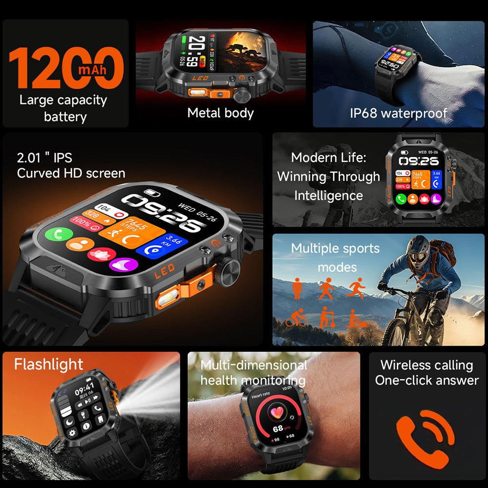HT46 Sports Smart Watch 2,01 tommer IPS 1200mAh batteri IP68 vandtæt LED-lommelygte Bluetooth-kompatibel opkald Sundhedsovervågning til udendørs eventyr
