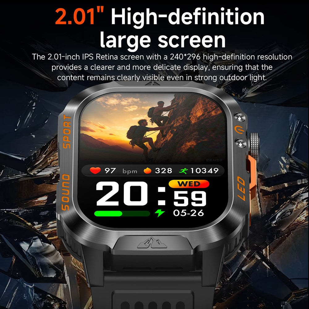 HT46 Sports Smart Watch 2,01 tommer IPS 1200mAh batteri IP68 vandtæt LED-lommelygte Bluetooth-kompatibel opkald Sundhedsovervågning til udendørs eventyr