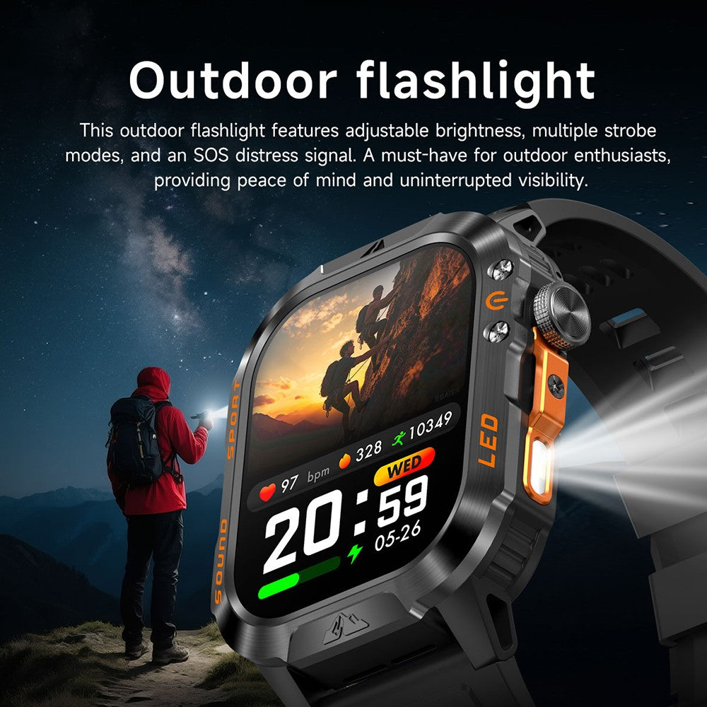 HT46 Sports Smart Watch 2,01 tommer IPS 1200mAh batteri IP68 vandtæt LED-lommelygte Bluetooth-kompatibel opkald Sundhedsovervågning til udendørs eventyr