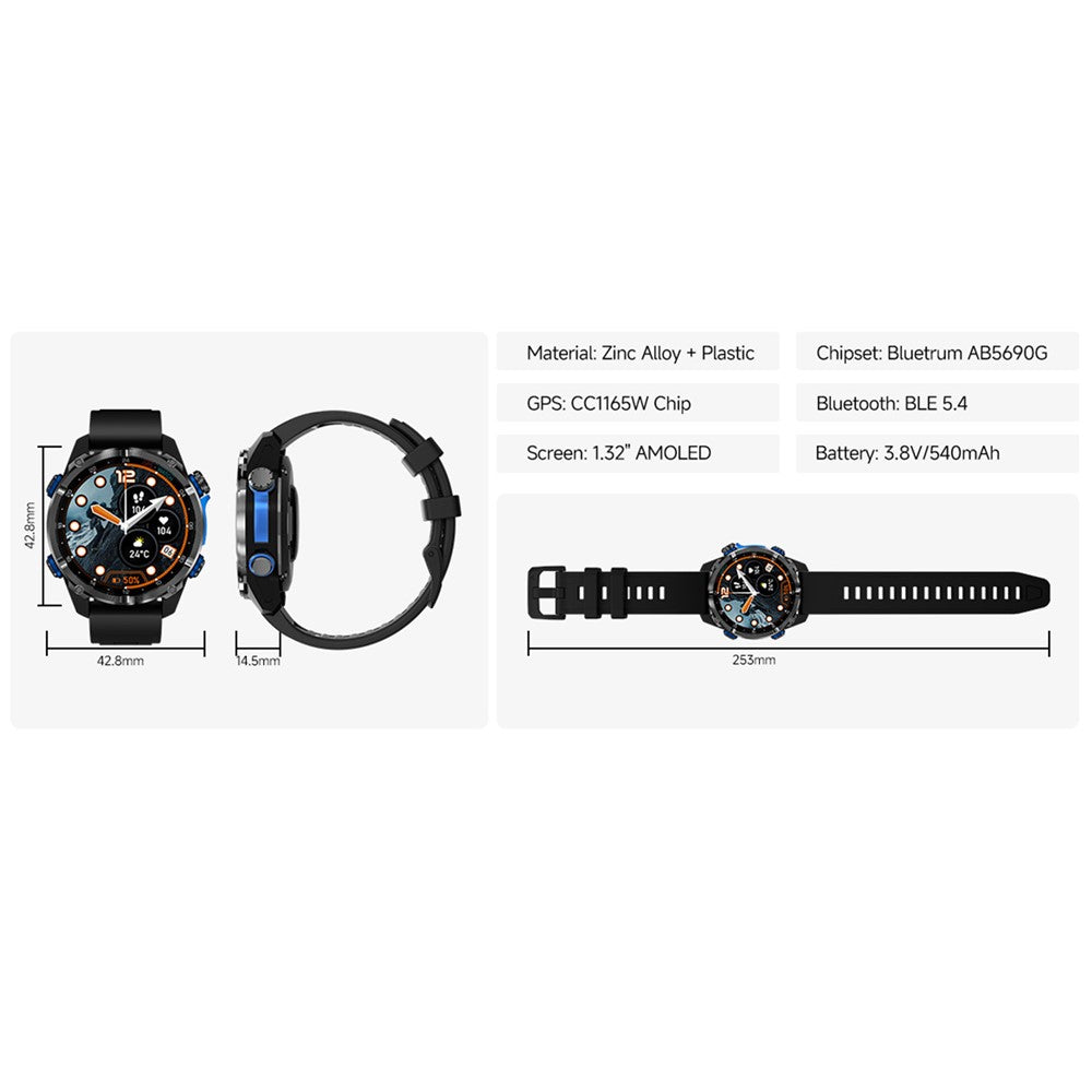 HD350 Pro Smartwatch 1,32 tommer AMOLED-skærm GPS 6 satellitter 100+ sportstilstande 3ATM vandtæt 540mAh sundhedsmonitor til udendørs brug