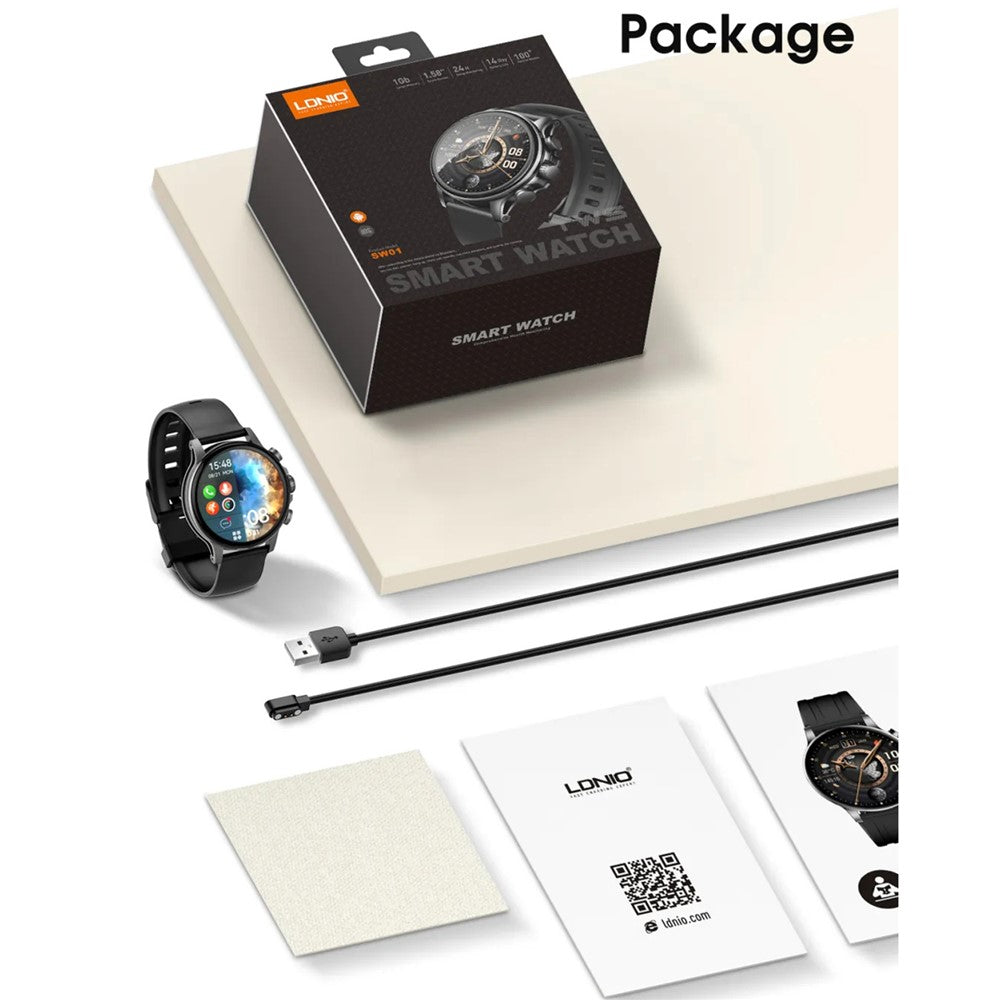 LDNIO SW01 smartur, 1,58 tommer AMOLED, IP68-vandtæt, Bluetooth-kompatible opkald, puls, blodilt, søvn, sundhedsmonitor