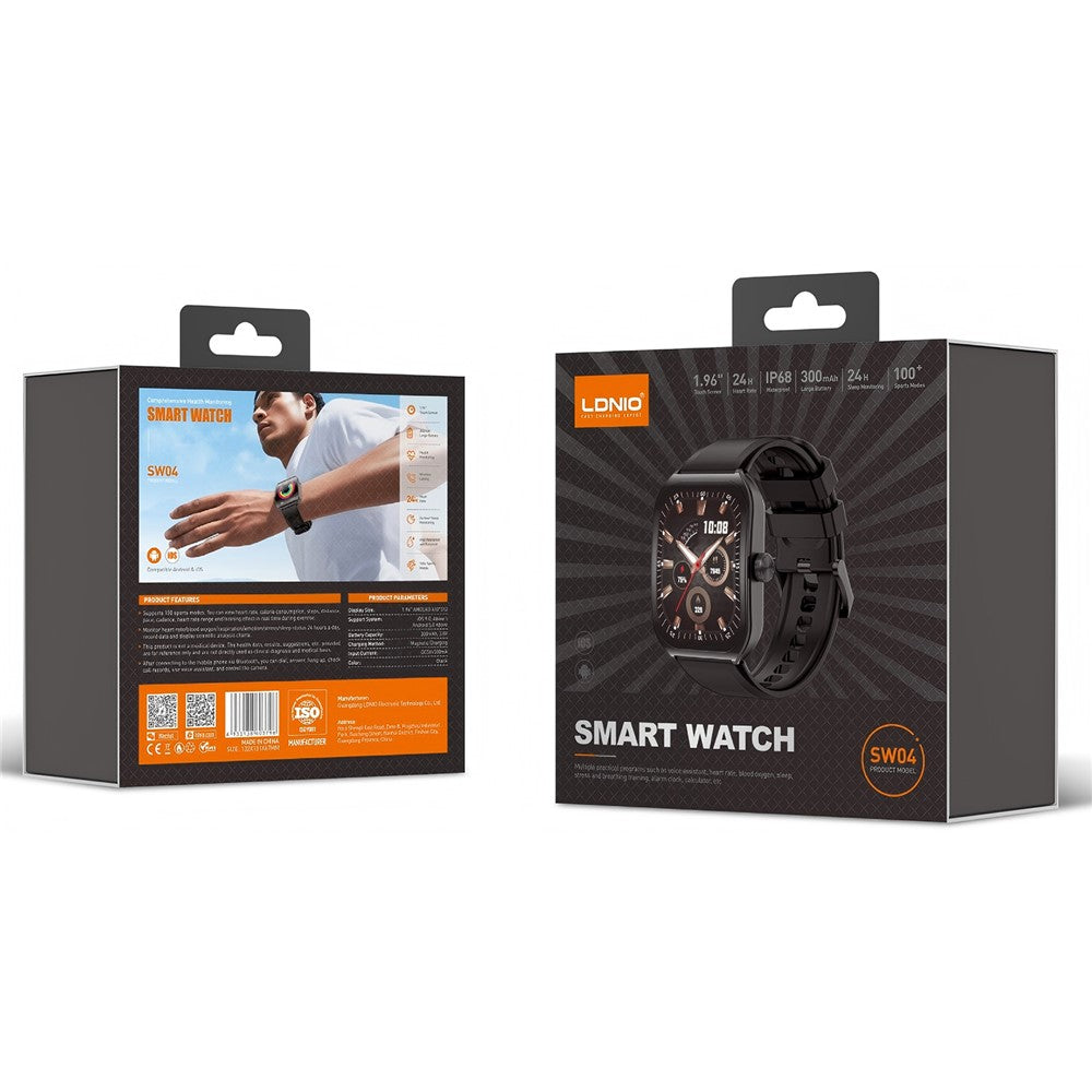 LDNIO SW04-sportssmartur med 1,96-tommers AMOLED HD-skærm, pulsmåler og blodiltmåler