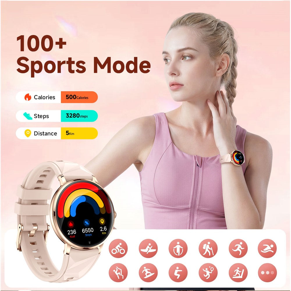 AK107 Smartklocka för kvinnor 1,19 tum AMOLED hälsomonitor Bluetooth-kompatibel samtal, silikonarmband