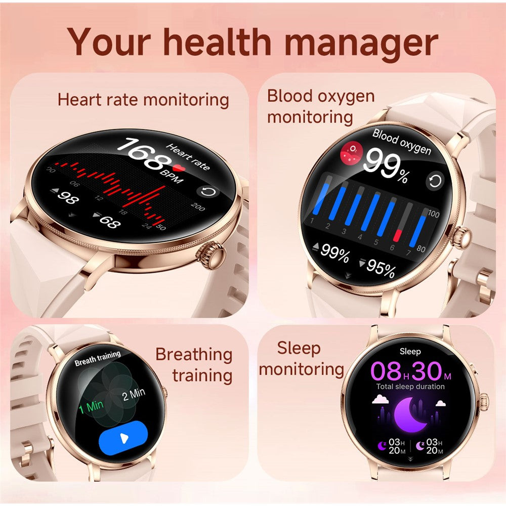 AK107 Smartklocka för kvinnor 1,19 tum AMOLED hälsomonitor Bluetooth-kompatibel samtal, silikonarmband