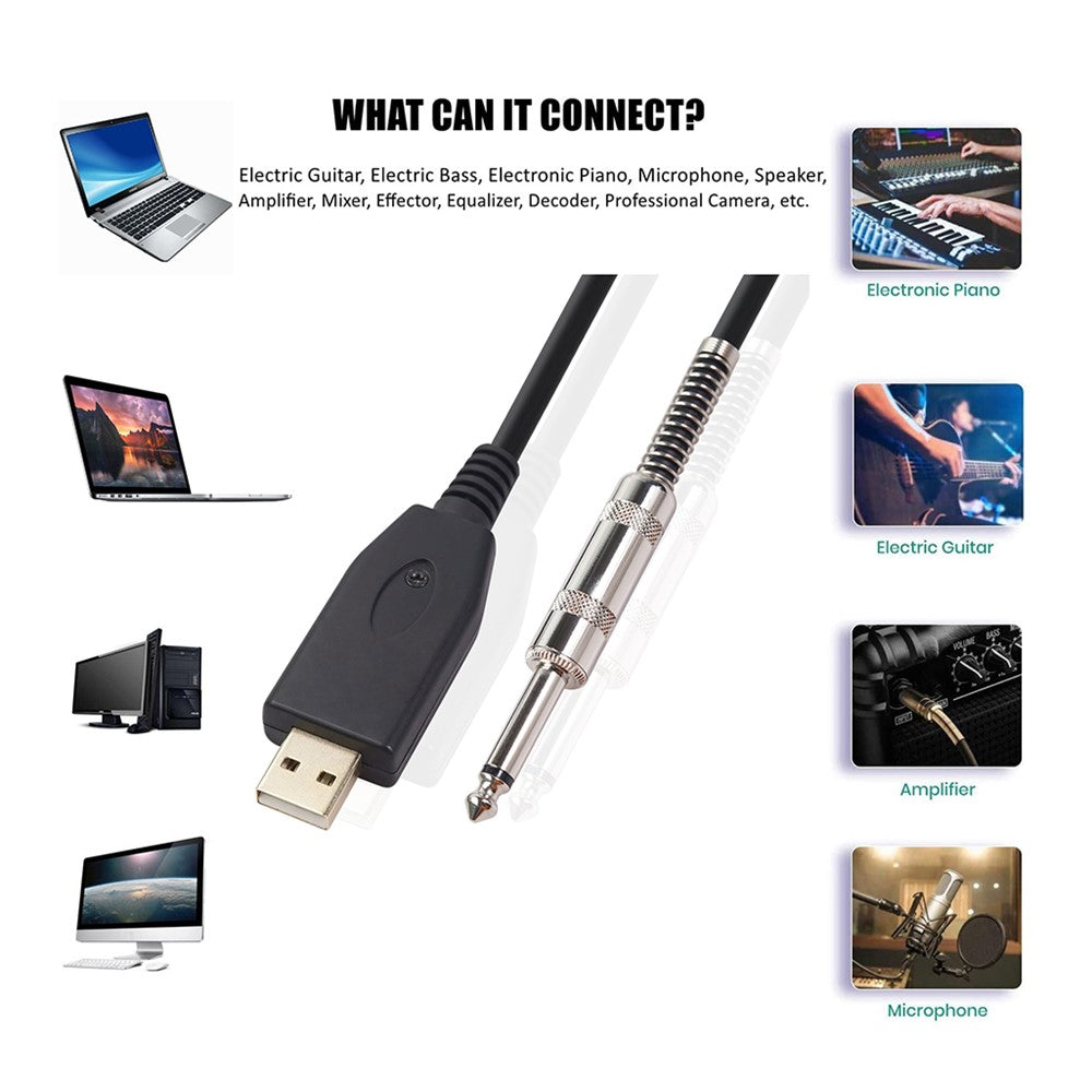 USB-guitar-kabel, USB 2.0-interface, hanstik til 1/4 tomme TS (6.35) jack-stik, kabel til elektrisk guitar, lydkabel US48S [2M]