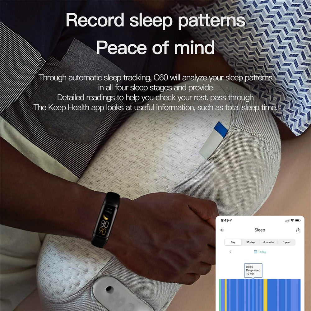 C60 1,1-tommers AMOLED-skærm fitnessarmbånd, pulsmåler, blodilt- og søvntracker, 25 sportstilstande, smartarmbånd