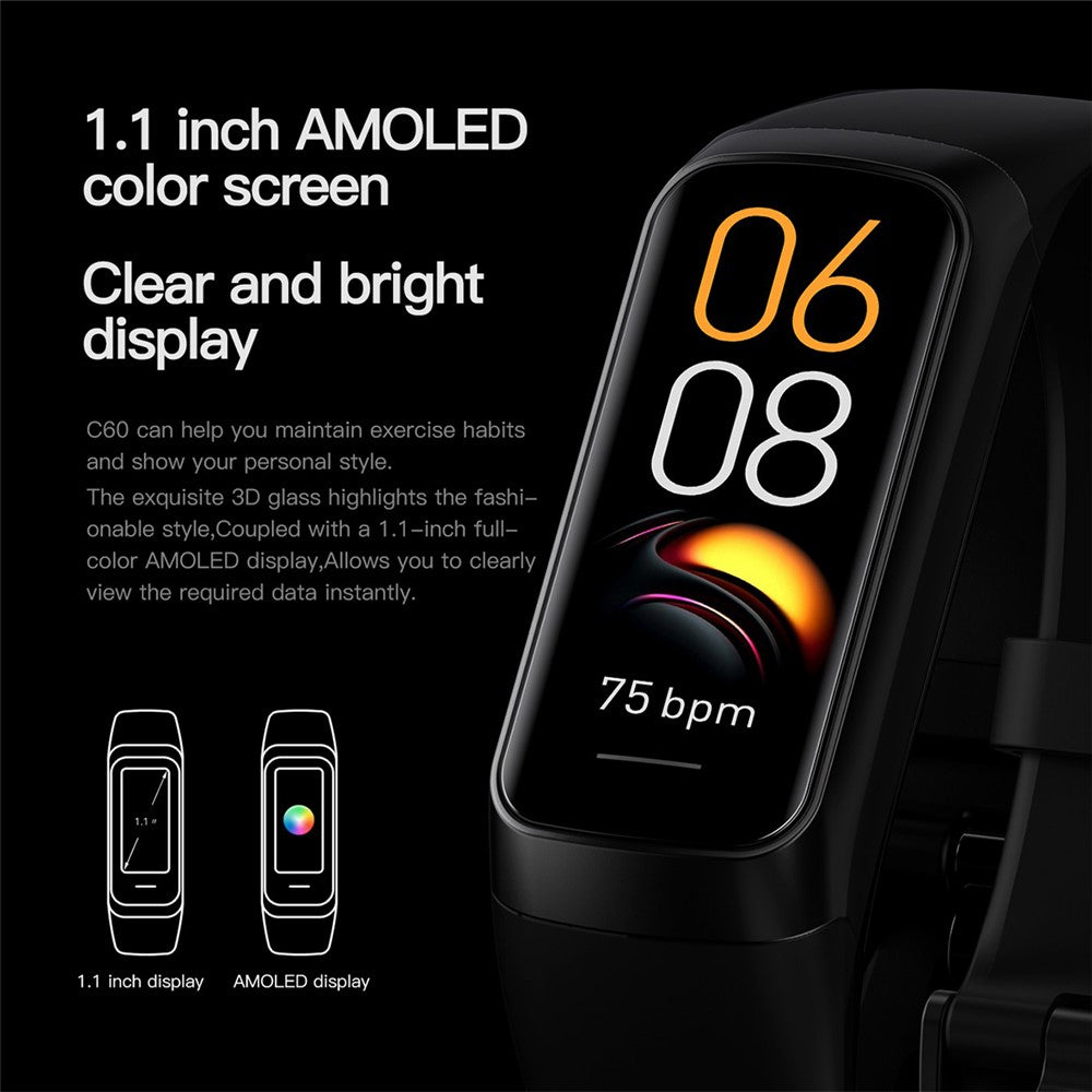 C60 1,1-tommers AMOLED-skærm fitnessarmbånd, pulsmåler, blodilt- og søvntracker, 25 sportstilstande, smartarmbånd