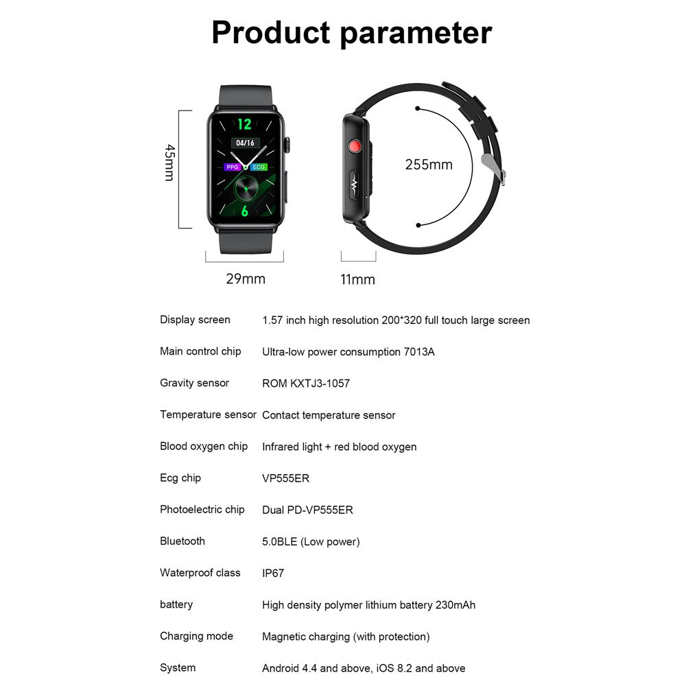 ET620 1,57 tums elektrisk klocka med EKG, temperatur och pulsmätning, Bluetooth-kompatibel, Talk, IP67, vattentätt smartarmband, TPU-armband