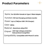 Compatible with iPhone 15 Series 8Pin Female to Type-C Male Adapter 27W PD Fast Charging Adapter with Hook