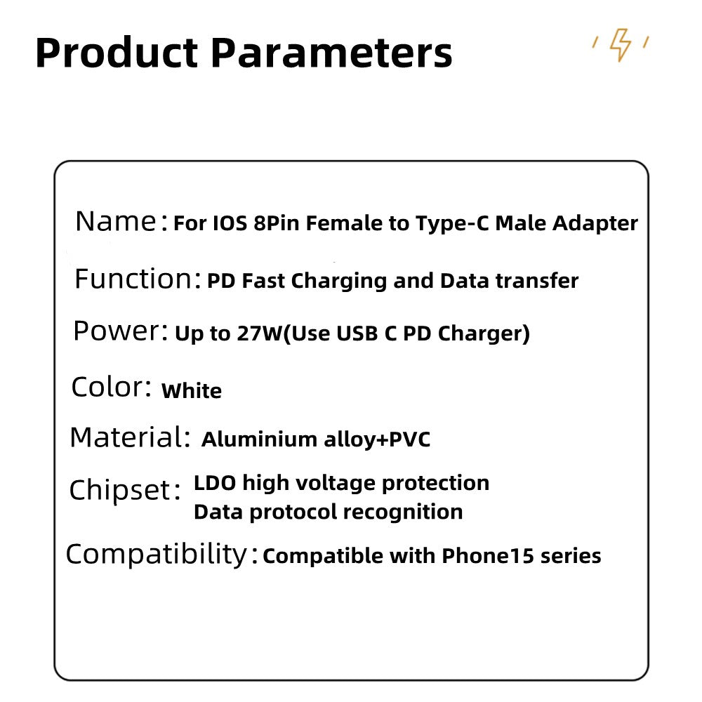 Compatible with iPhone 15 Series 8Pin Female to Type-C Male Adapter 27W PD Fast Charging Adapter with Hook