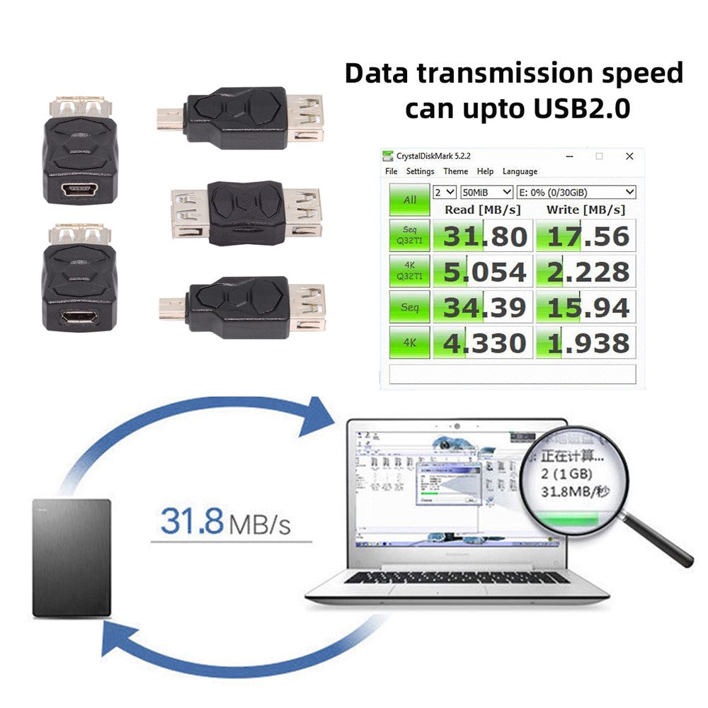 U2-006-AF 5Pcs Micro USB 2.0 OTG Mini USB 5Pin Type-A Male to Female Data Charge Adapter