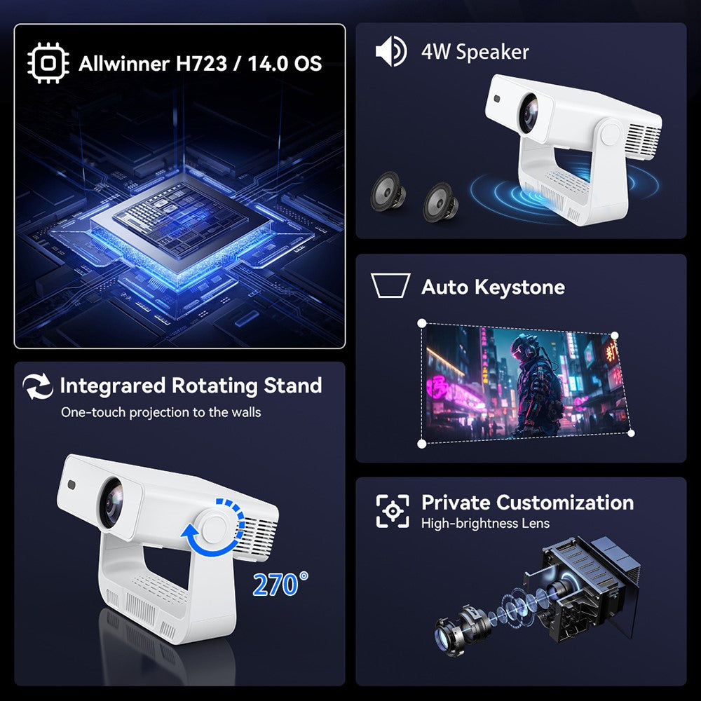 IMC880 Bærbar 4K-projektor WiFi 6 BT 5.0 200 ANSI Lumen Android 14 Miniprojektor, 1+8GB